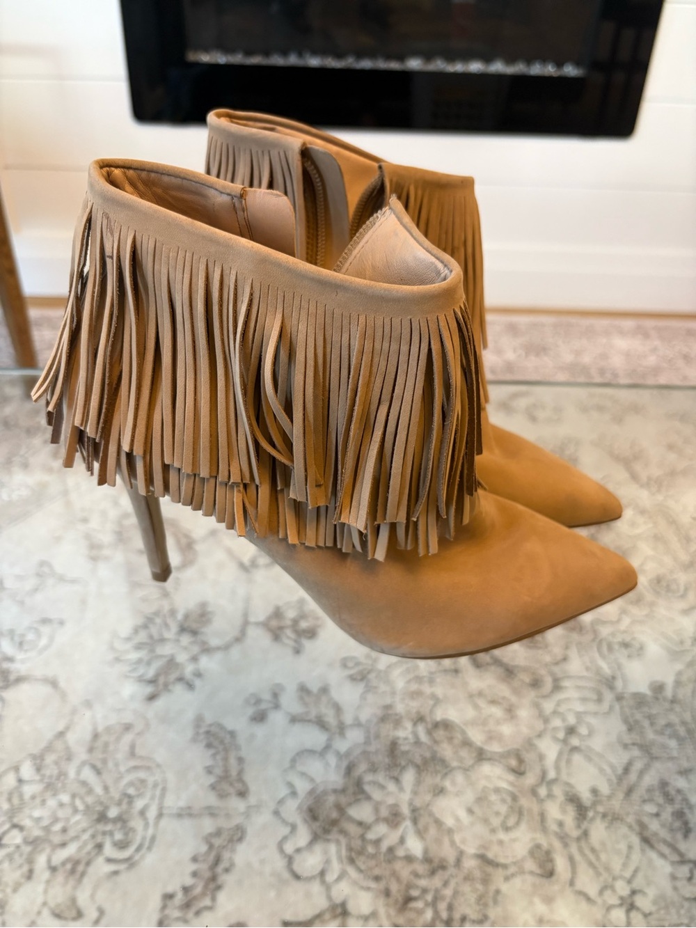 Brian Atwood "B-Nova" fringe nubuck leather Ankle Stiletto Boots - Size 7.5